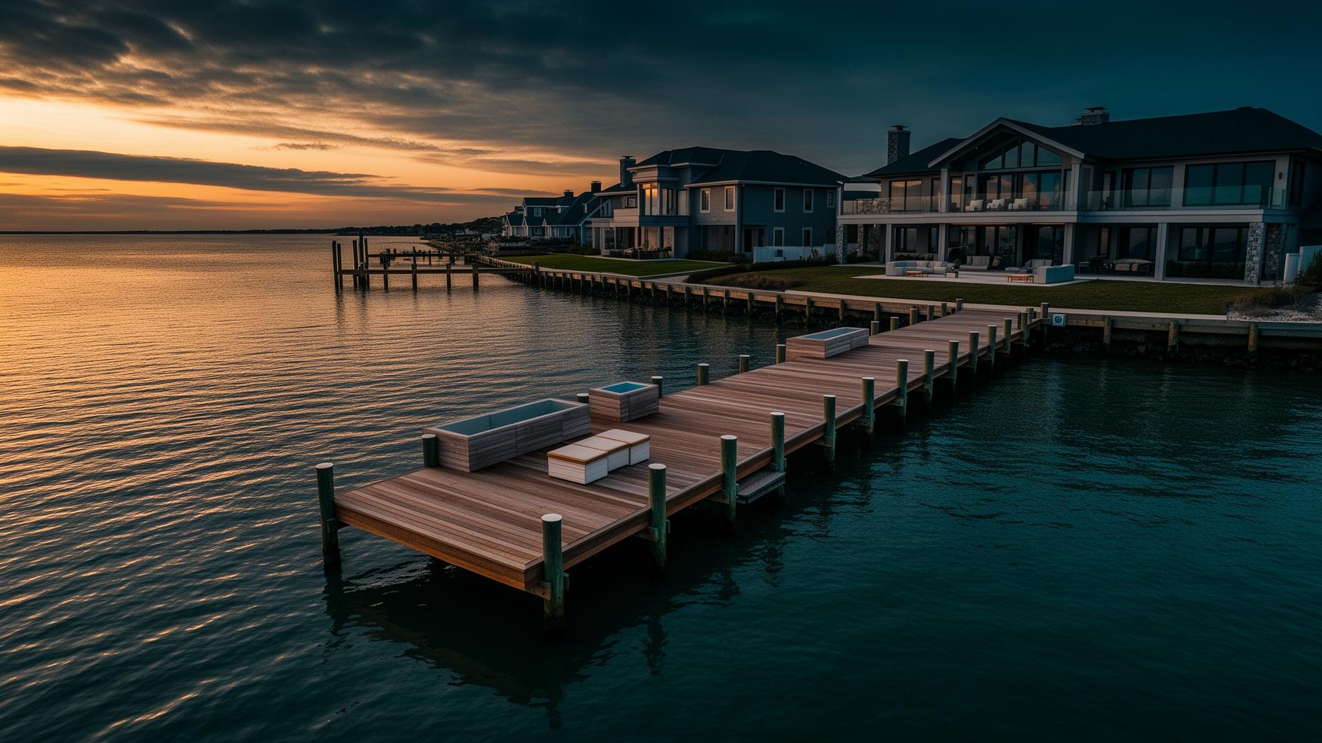 Luxury waterfront dock at sunset on the Jersey Shore